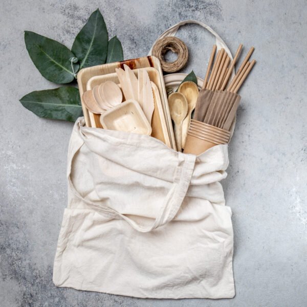 Eco craft paper and wooden tableware. Paper cups, dishes, bag, plates and wooden cutlery in linen bag. Recycling or eco-friendly concept.